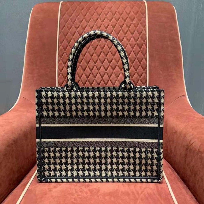 Dior Women Small Dior Book Tote Black Houndstooth Embroidery