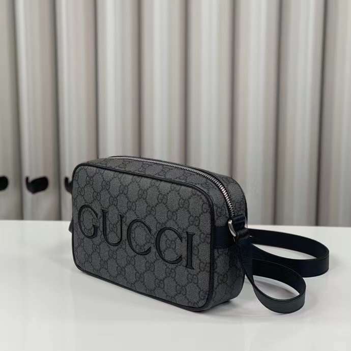 Gucci Unisex Mini Shoulder Bag Grey Black GG Supreme Canvas Black Leather