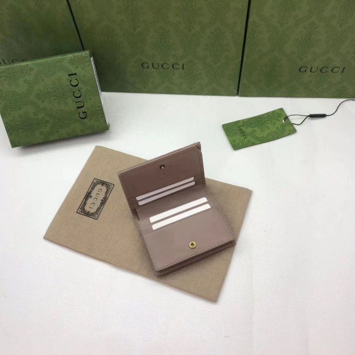 Gucci Unisex GG Marmont Matelassé Card Case Wallet Rose Beige Chevron Leather