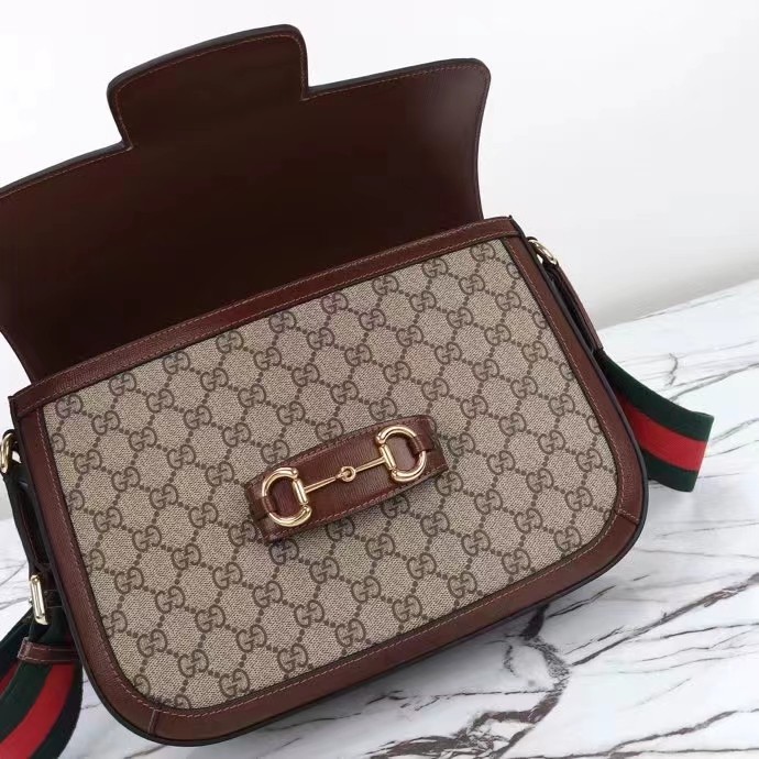 Gucci Unisex Gucci Horsebit 1955 Crossbody Bag Beige Ebony GG Supreme Canvas Brown Leather