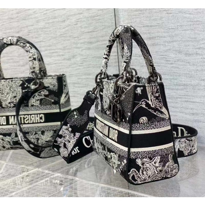 Dior Women CD Medium Lady D-Lite Bag Black Toile De Jouy Zodiac Embroidery