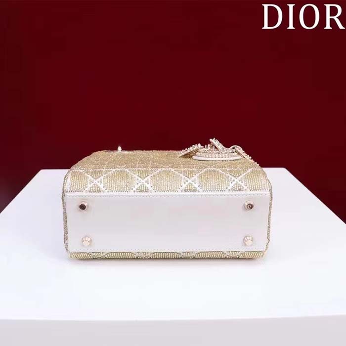 Dior Women CD Mini Lady Dior Bag Caramel Beige Cannage Cotton Embroidered Micropearls