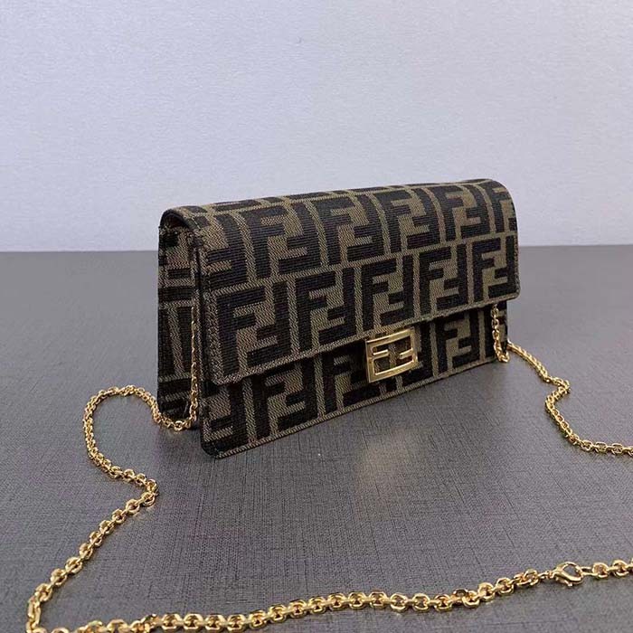 Fendi Women FF Wallet On Chain Baguette Brown FF Fabric Wallet