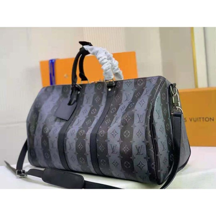 Louis Vuitton LV Unisex Keepall Bandoulière 55 Travel Bag Monogram Stripes Eclipse Coated Canvas
