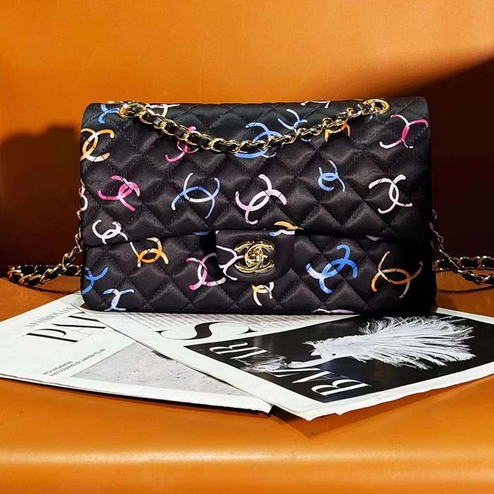 Chanel Women CC Classic 11.12 Handbag Printed Fabric Gold-Tone Metal Black Multicolor