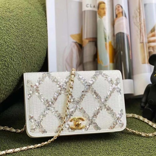 Chanel Women CC Wallet On Chain Embroidered Satin Sequins Gold-Tone Metal White Silver