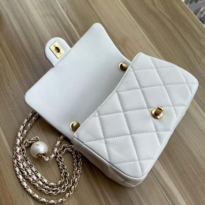 Chanel Women CC Mini Flap Bag Lambskin Imitation Pearls White