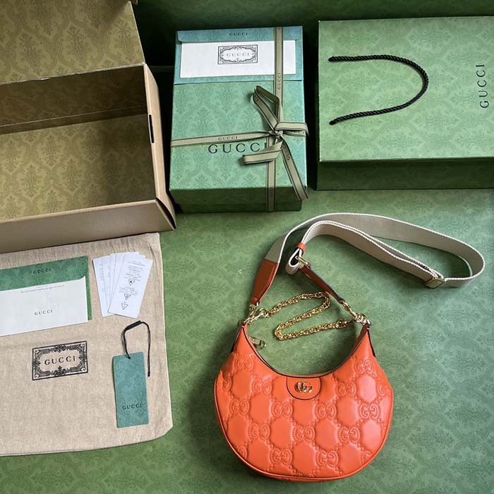 Gucci Women GG Matelassé Small Shoulder Bag Orange Double G Zip Closure