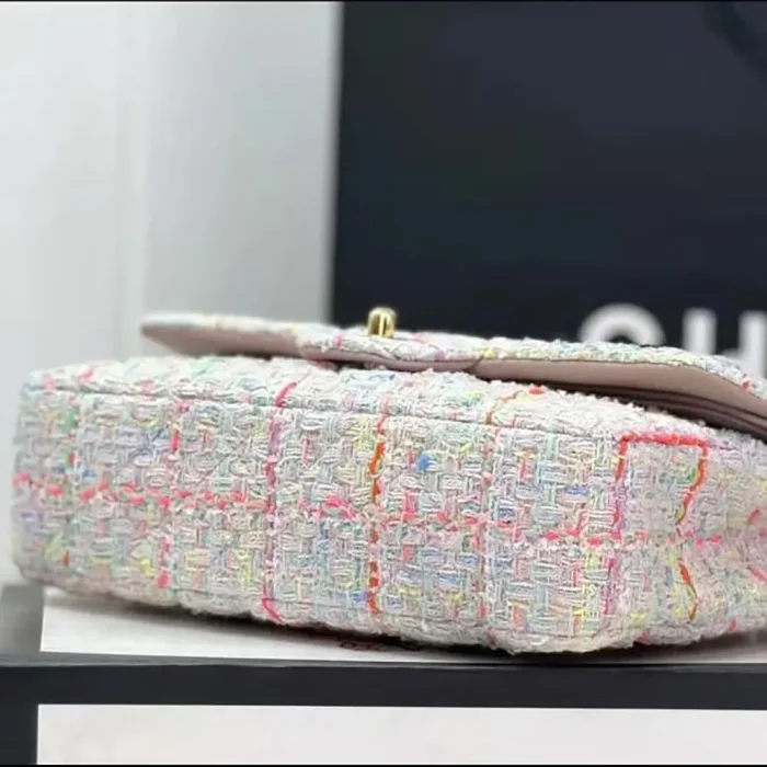 Chanel Women CC Mini Classic Handbag Tweed Gold Tone Metal-White