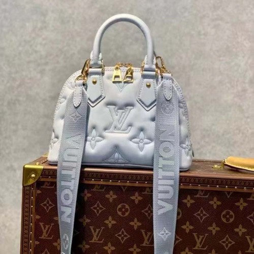 Louis Vuitton LV Women Alma BB Handbag Blue Quilted Embroidered Smooth Calf Leather