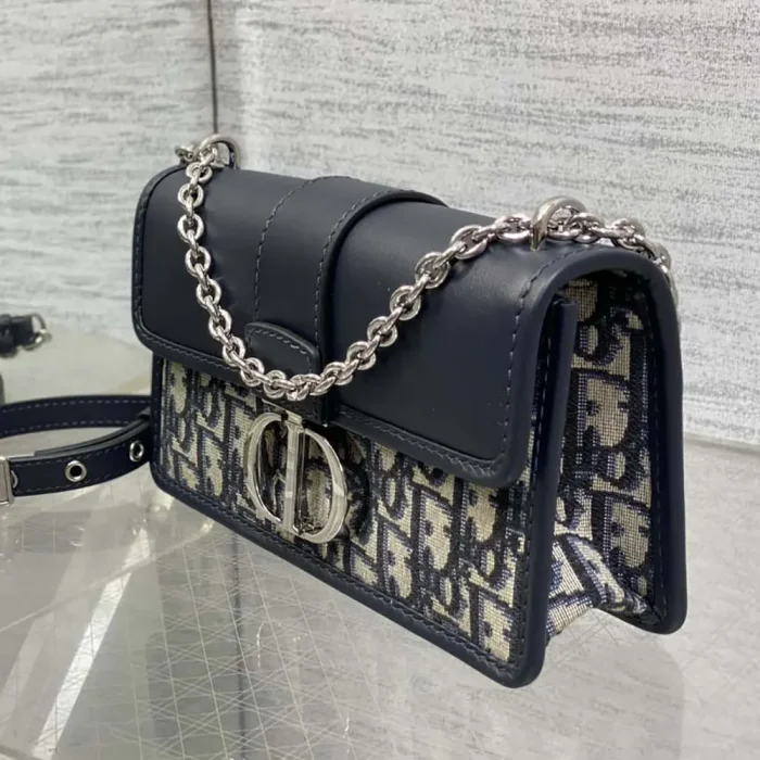 Dior Women 30 Montaigne East-West Bag with Chain Blue Dior Oblique Jacquard and Smooth Calfskin