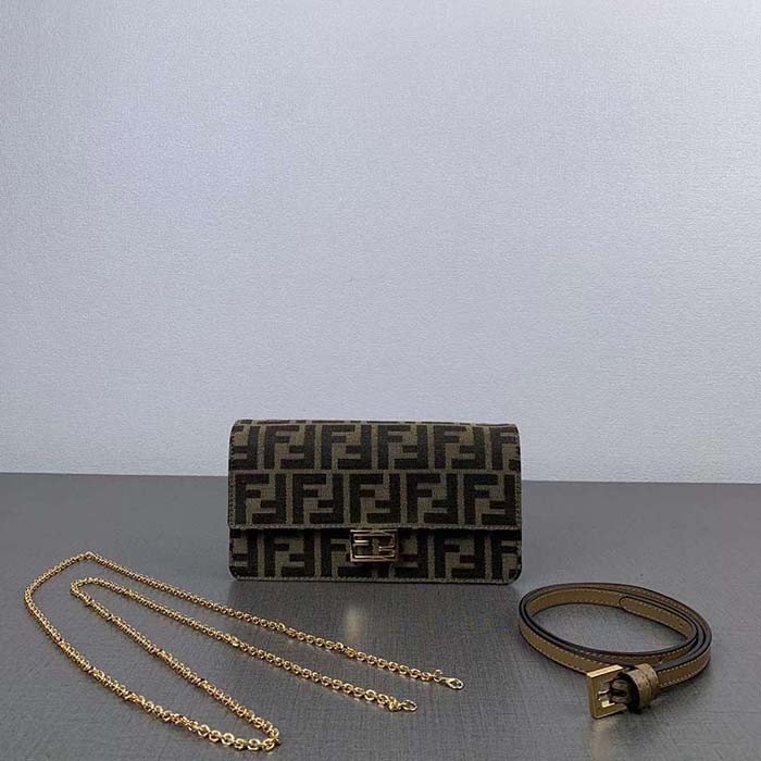 Fendi Women FF Wallet On Chain Baguette Brown FF Fabric Wallet