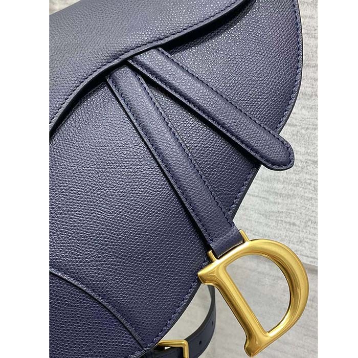 Dior Women Saddle Bag Strap Indigo Blue Grained Calfskin CD Signature Interior Back Pocket
