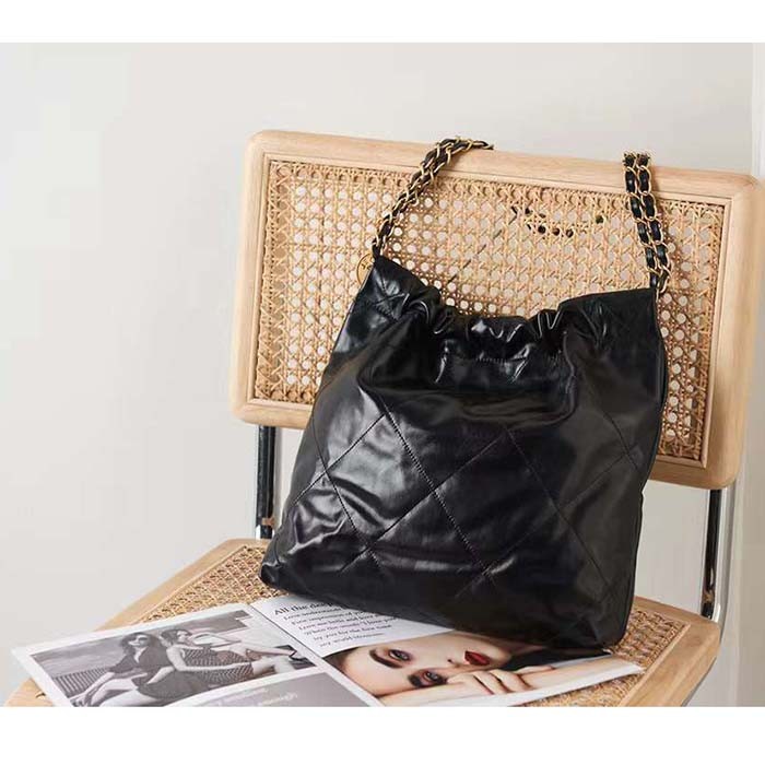 Chanel Women CC 22 Handbag Shiny Calfskin Gold-Tone Metal Black