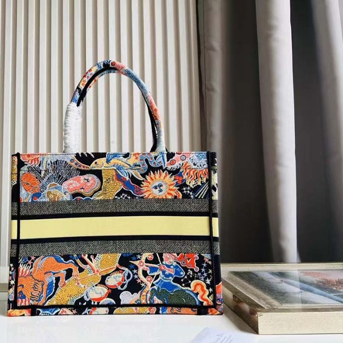 Dior Unisex CD Medium Book Tote Black Multicolor Dior Zodiac Fantastico Embroidery