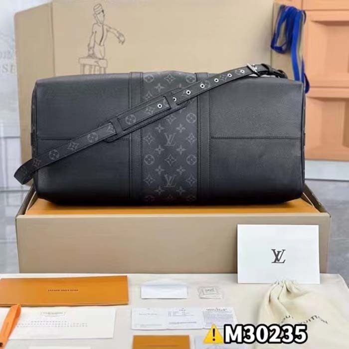 Louis Vuitton LV Unisex Keepall 50 Bandoulière Black Cabin-Size Taiga Cowhide Leather Monogram Eclipse Coated Canvas