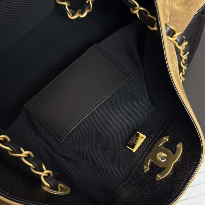 Chanel Women Small Shopping Bag Suede Calfskin Shiny Lambskin Gold Tone Metal