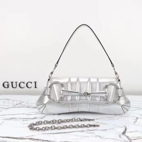 Gucci Women Horsebit Chain Medium Shoulder Bag Silver Metallic Quilted Leather Maxi Horsebit
