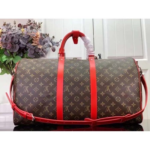Louis Vuitton LV Unisex Keepall Bandoulière 50 Red Monogram Macassar Coated Canvas