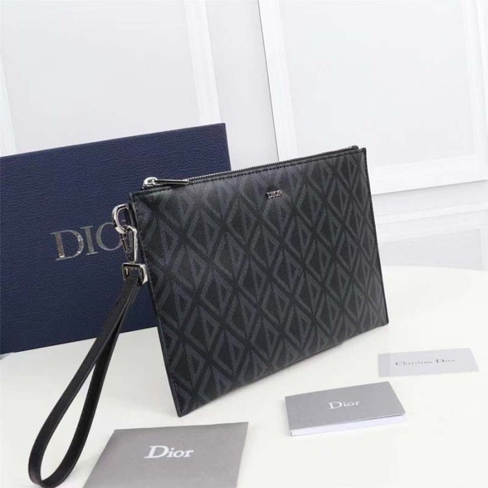 Dior Unisex A5 Pouch Black CD Diamond Canvas Smooth Calfskin