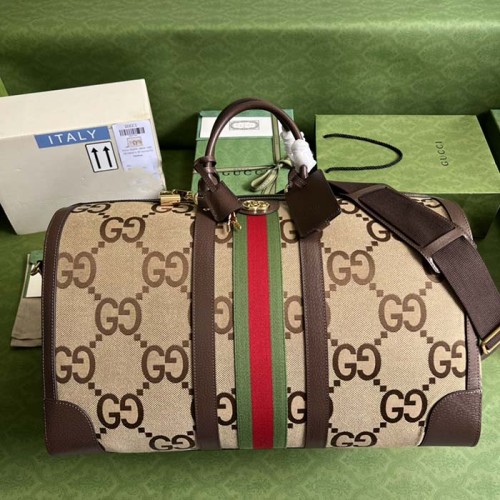 Gucci Unisex Jumbo GG Large Duffle Bag Camel Ebony Canvas Double G