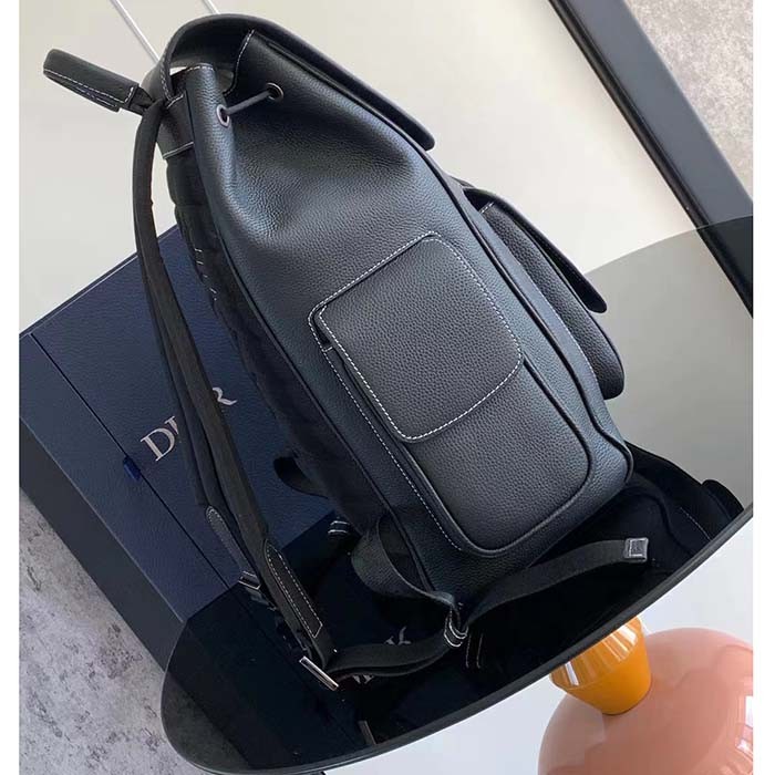 Dior Unisex CD Saddle Backpack Black Grained Calfskin Leather Flap Drawstring Closure