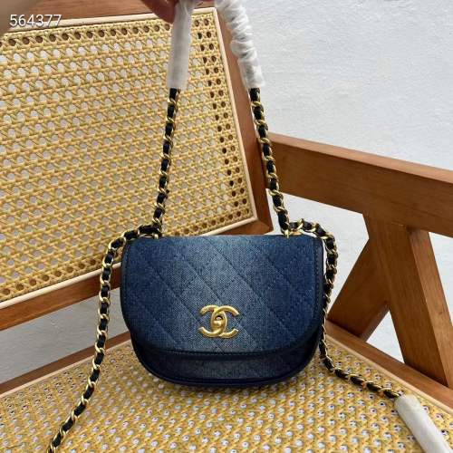 Chanel CC Women Small Messenger Bag Washed Denim Gold-Tone Metal Blue