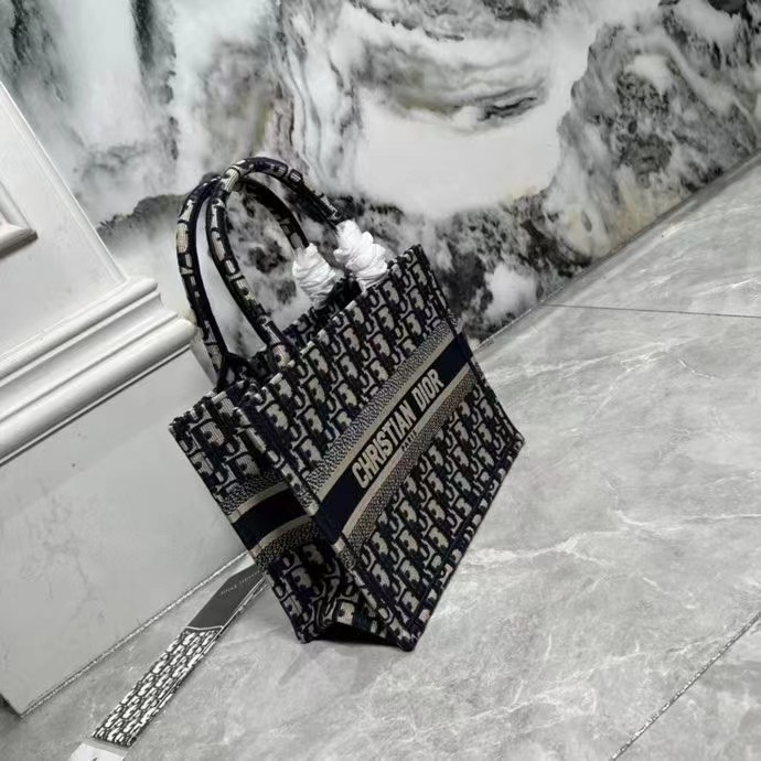 Dior Women Small Dior Book Tote Blue Dior Oblique Embroidery