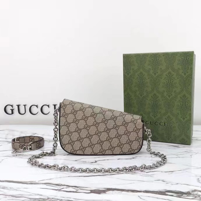 Gucci Women Gucci Horsebit 1955 Mini Shoulder Bag Beige Ebony GG Supreme Canvas