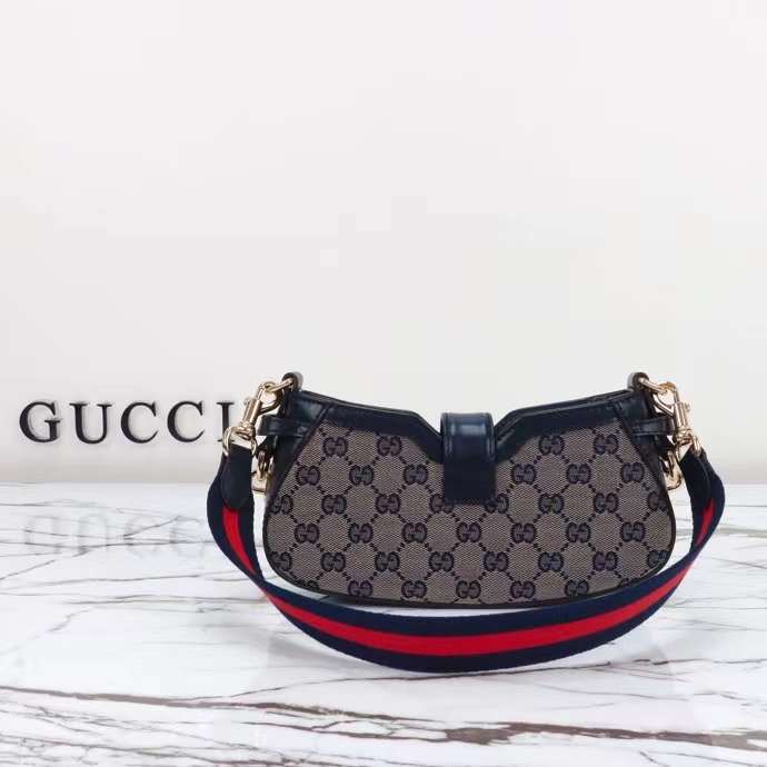 Gucci Women Moon Side Mini Shoulder Bag Beige Blue Original GG Canvas