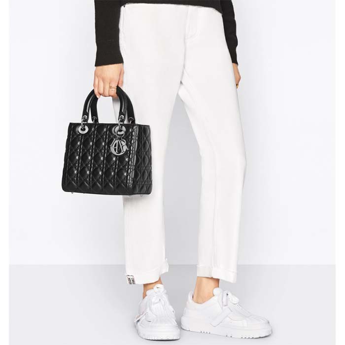 Dior Women CD Medium Lady Dior Bag Black Cannage Lambskin Silver