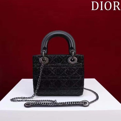 Dior Women CD Mini Lady Dior Bag Black Cannage Cotton Embroidered Micropearls