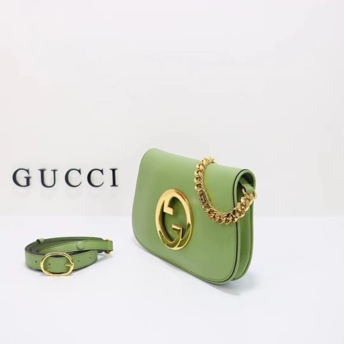 Gucci Women GG Blondie Shoulder Bag Green Leather Round Interlocking G