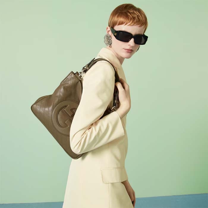 Gucci Women GG Blondie Small Tote Bag Brown Leather Round Interlocking G