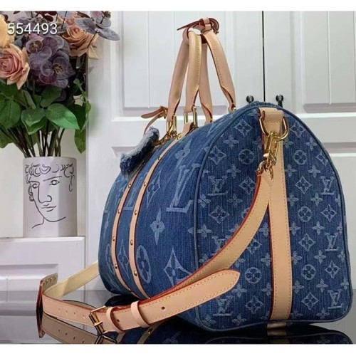 Louis Vuitton LV Unisex Keepall Bandoulière 45 Bleu Denim GOTS Certified Cotton Monogram Denim Canvas M24315