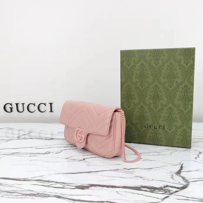 Gucci Women GG Marmont Mini Bag Light Pink Matelassé Chevron Leather Double G