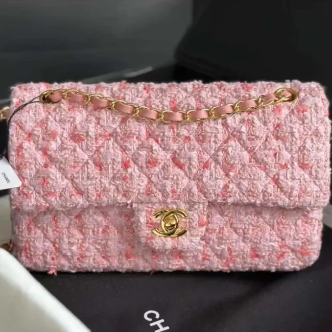 Chanel Women CC Mini Classic Handbag Tweed Gold Tone Metal-Pink
