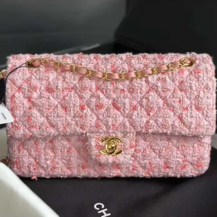 Chanel Women CC Mini Classic Handbag Tweed Gold Tone Metal-Pink