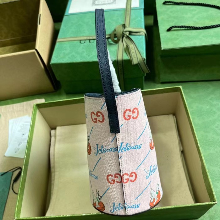 Gucci Unisex Printed Bucket Bag GG The Jetsons Print Pink Blue Supreme Canvas