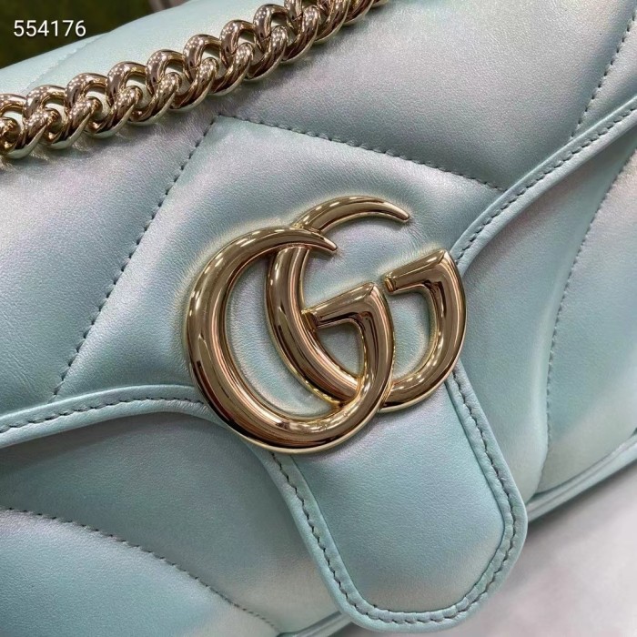 Gucci Women GG Marmont Small Shoulder Bag Blue Iridescent Quilted Chevron Leather