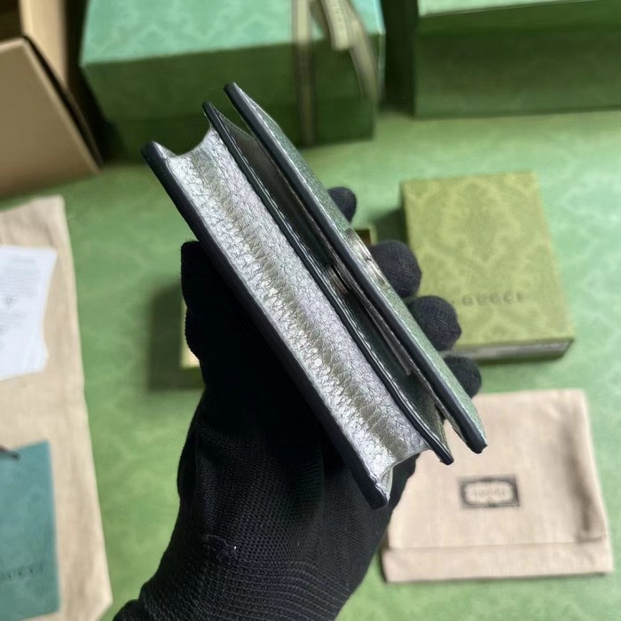 Gucci Unisex GG Marmont Card Case Wallet Metallic Silver Leather Double G