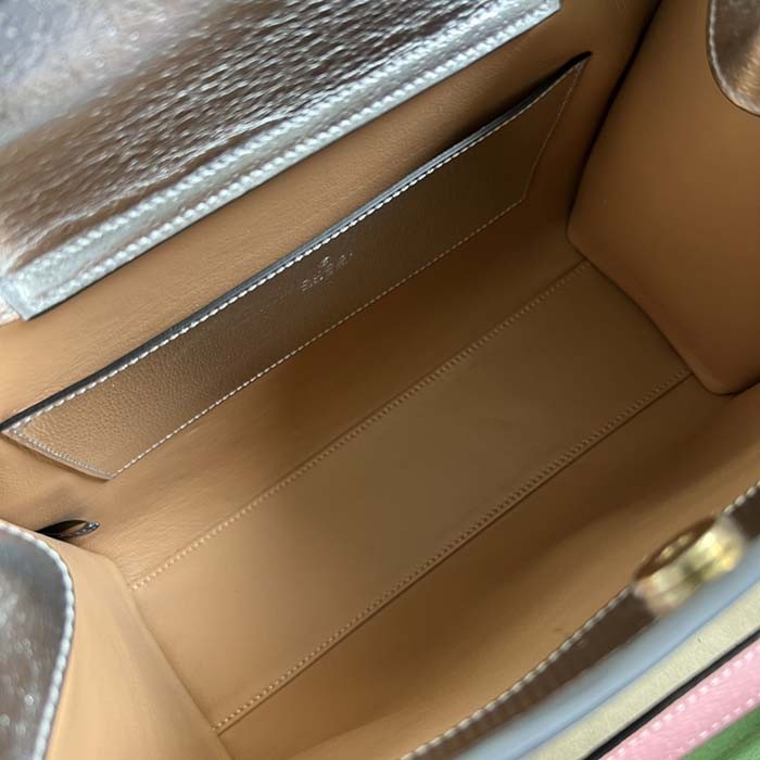 Gucci Women GG Diana Small Tote Bag Silver Lamé Leather Double G