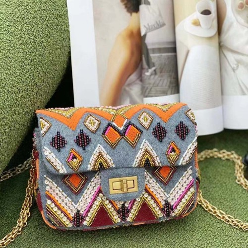 Chanel Women CC Only 1 Bag Set Of 4 Minis Bags Blue Lambskin Sequins Glass Pearls