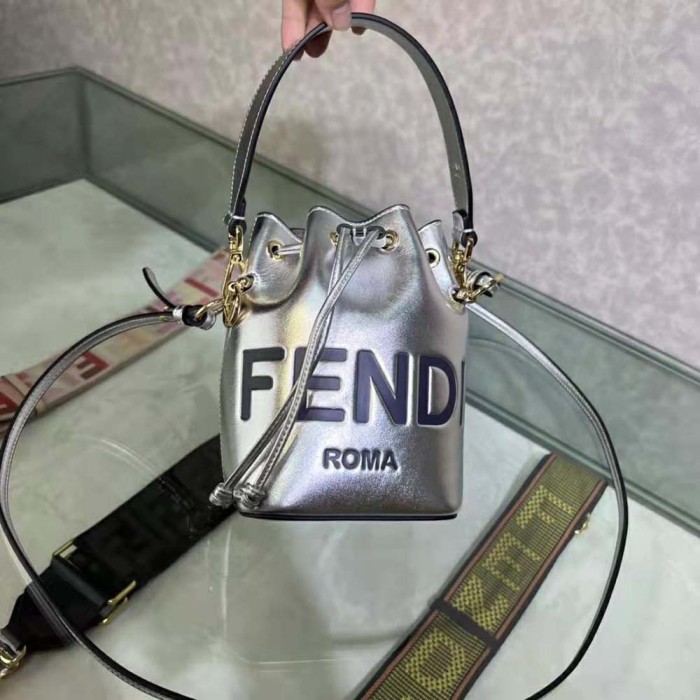 Fendi Women Mon Tresor Silver Laminated Leather Mini Bag