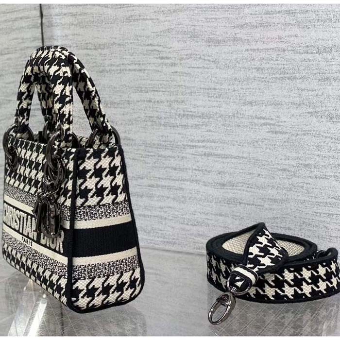 Dior Women CD Mini Lady D-Lite Bag Black White Houndstooth Embroidery