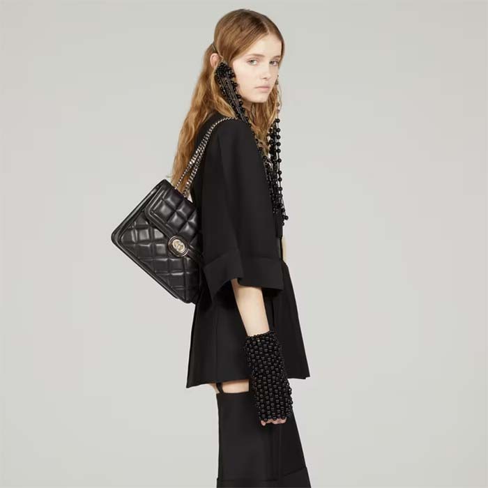 Gucci Women GG Deco Small Shoulder Bag Black Quilted Leather
