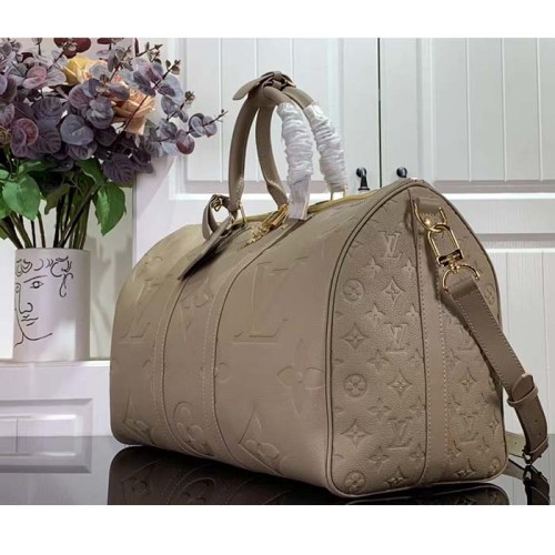 Louis Vuitton LV Unisex Keepall Bandoulière 45 Bag Tourterelle Monogram Empreinte Giant Cowhide Leather