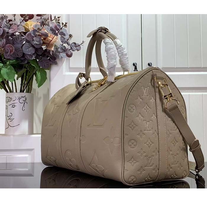 Louis Vuitton LV Unisex Keepall Bandoulière 45 Bag Tourterelle Monogram Empreinte Giant Cowhide Leather