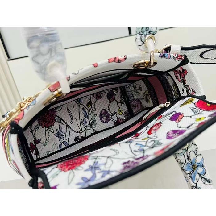 Dior Women CD Medium Lady D-Lite Bag White Multicolor Florilegio Embroidery