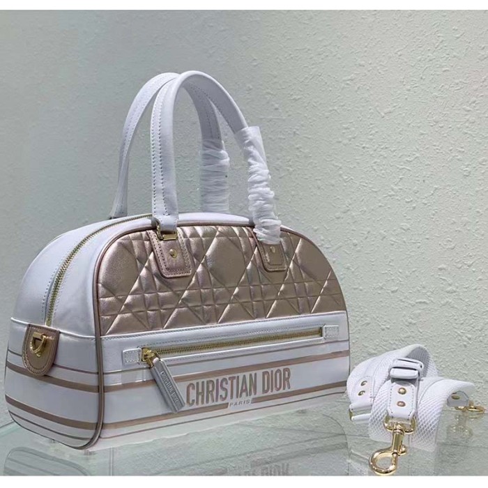 Dior Women CD Medium Vibe Zip Bowling Bag White Padded Étoile Calfskin